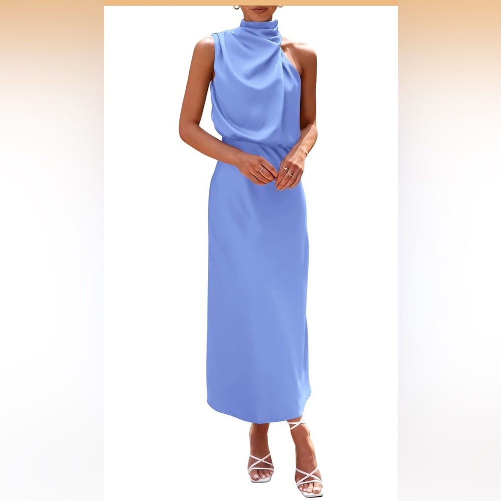 Elegant Sleeveless Satin Light Blue Maxi Dress